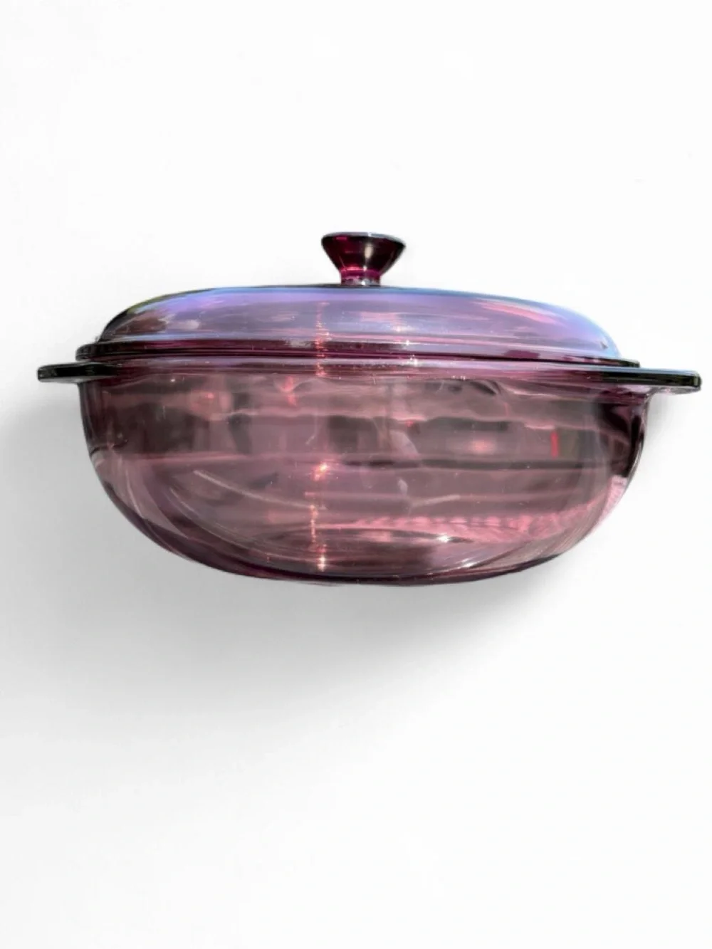 Vintage cranberry Pyrex casserole dish
